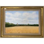 Ray Canham (British, 20th century) A view over a cornfield to Worstead Church, oil on canvas,