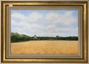 Ray Canham (British, 20th century) A view over a cornfield to Worstead Church, oil on canvas,