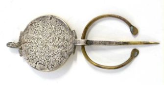 Late 19th or early 20th Century Berber North African fibula brooch, silver layered on brass, the