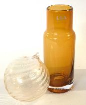 An LSA amber glass vase, boxed, together with a hand blown clear and gold glass bauble, (2)