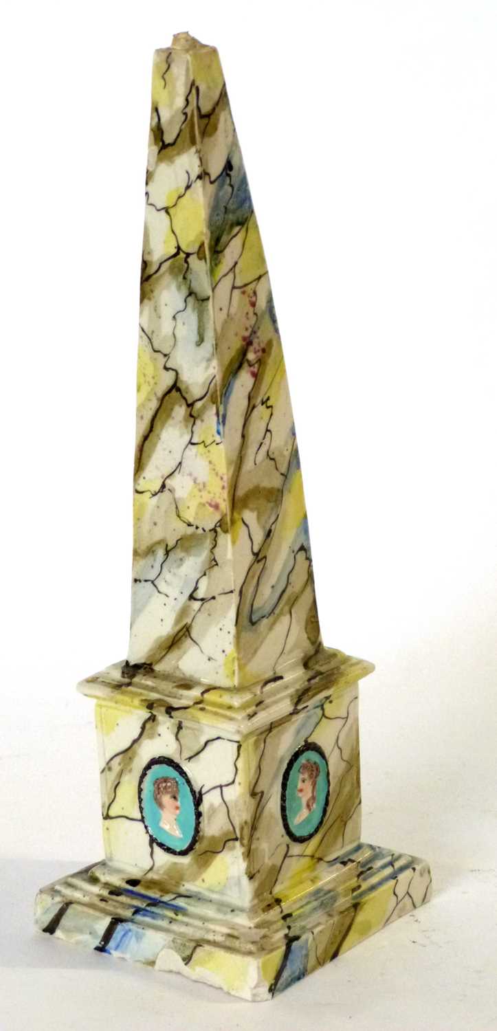 A rare late 18th century Staffordshire pearlware obelisk. Neoclassical in style, painted with faux - Image 2 of 3