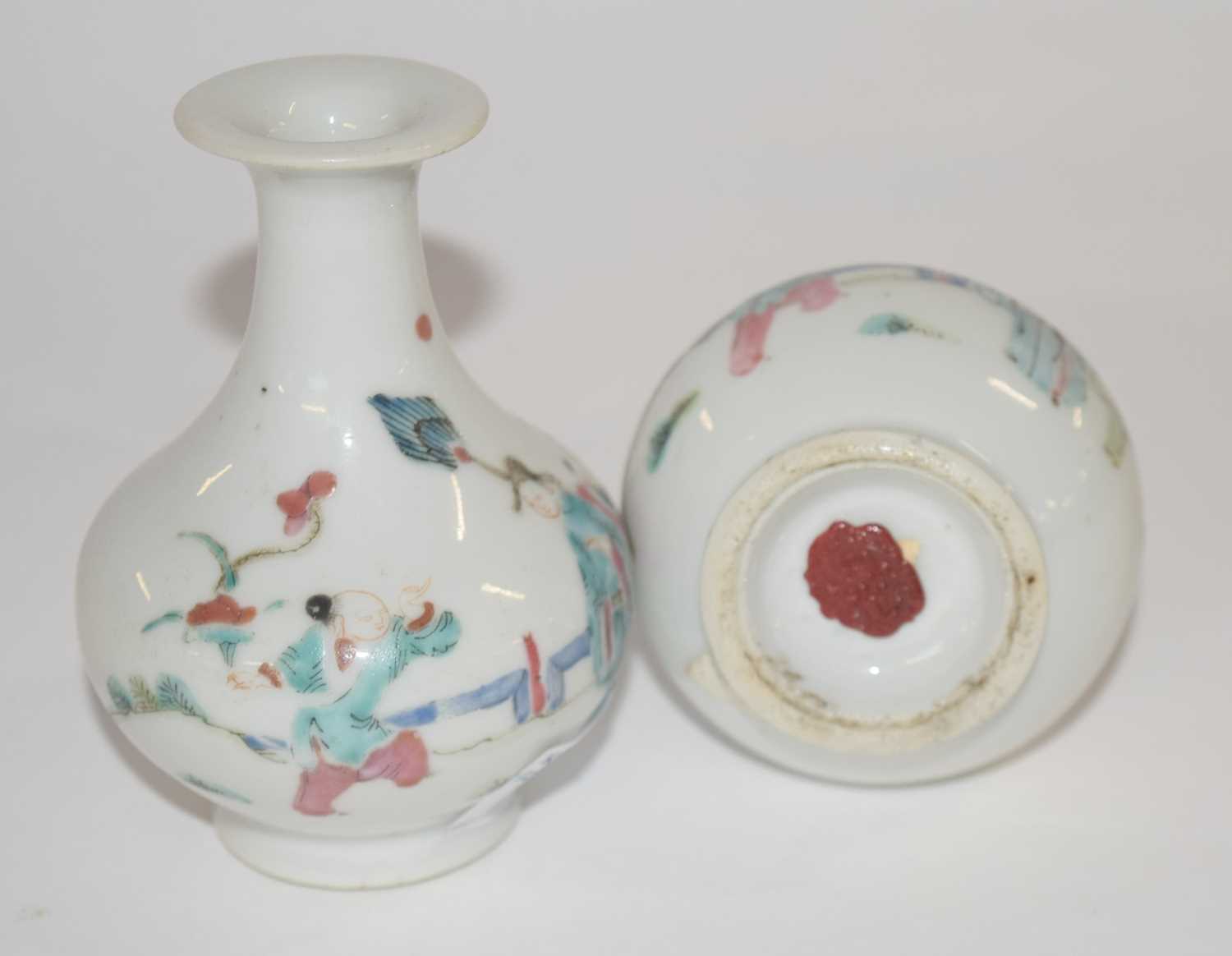 Two 19th Century Chinese porcelain vases of small baluster form decorated with Chinese figures, - Image 2 of 8