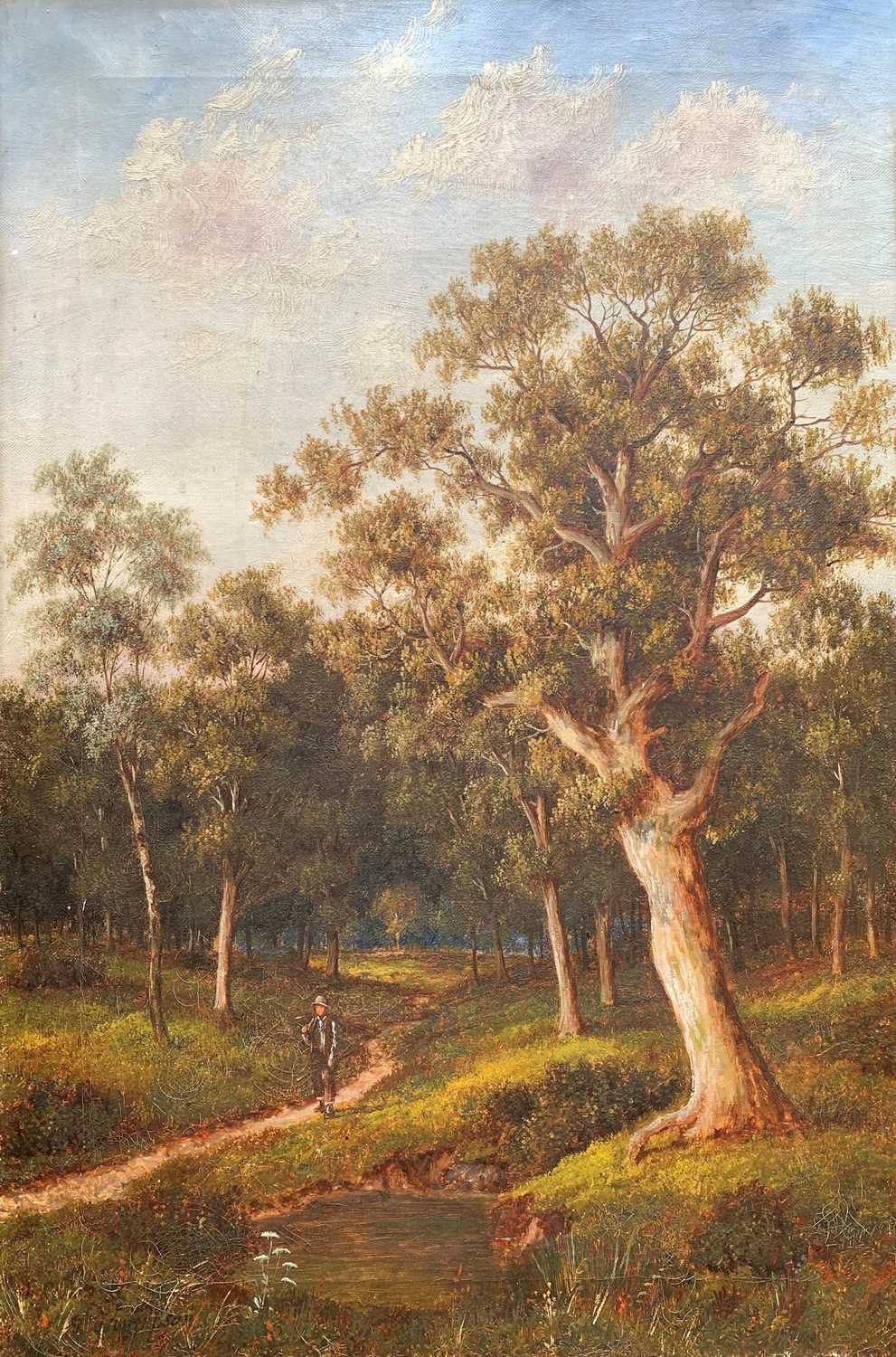 In the manner of Gabriel Thompson (1861-1935), Landscape scene depicting a young boy walking a