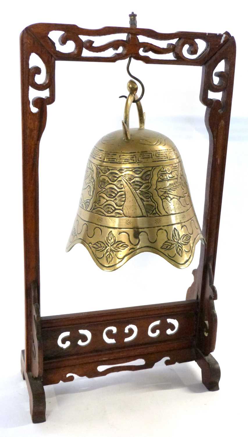A Chinese Tibetan temple bell, engraved with dragons, with its carved hardwood stand - Image 2 of 3