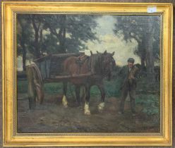 In the manner of Geoffrey Mortimer (British,1895-1986), A Shire Horse and cart is led through a