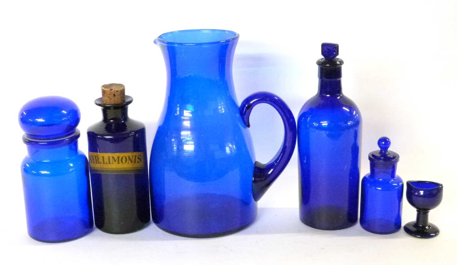 Group of Bristol blue glass wares including a large jug, eye bath and a chemists bottle - Image 2 of 3