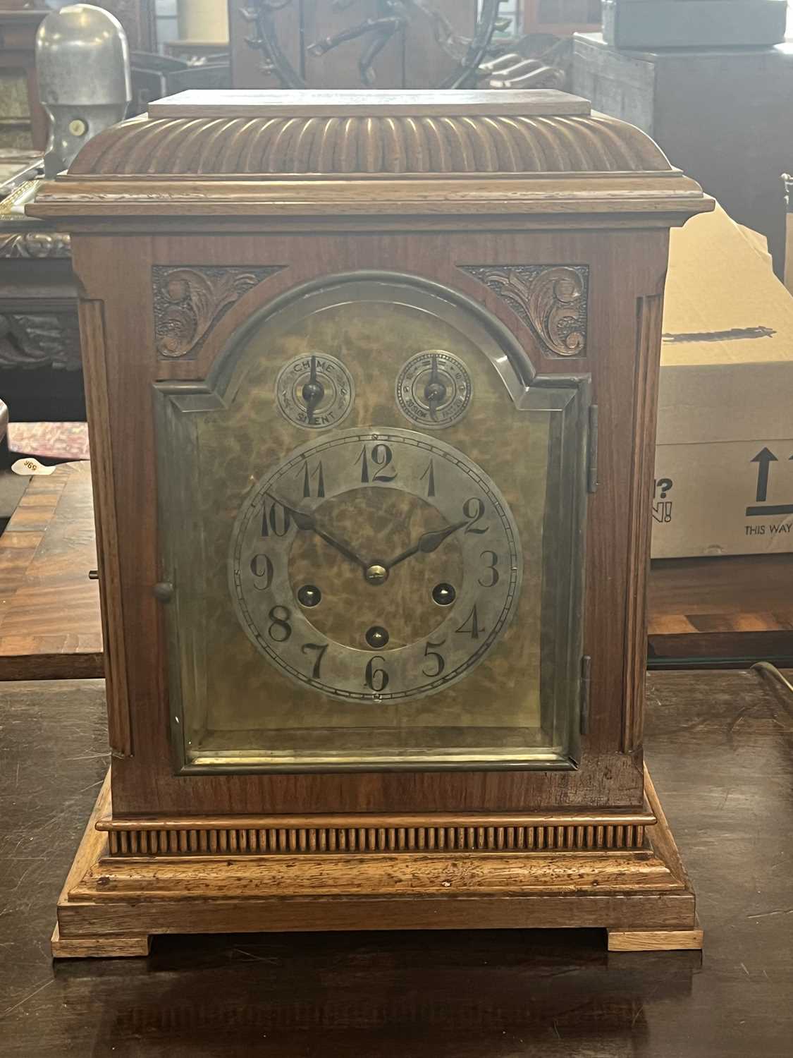 Early 20th Century mantel clock by Jung Hans with arched brass and silver dial, three train brass - Image 3 of 3
