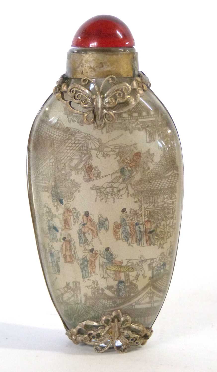 Antique Chinese reverse-painted snuff bottle with hardstone stopper and decorated with intricate - Image 5 of 8