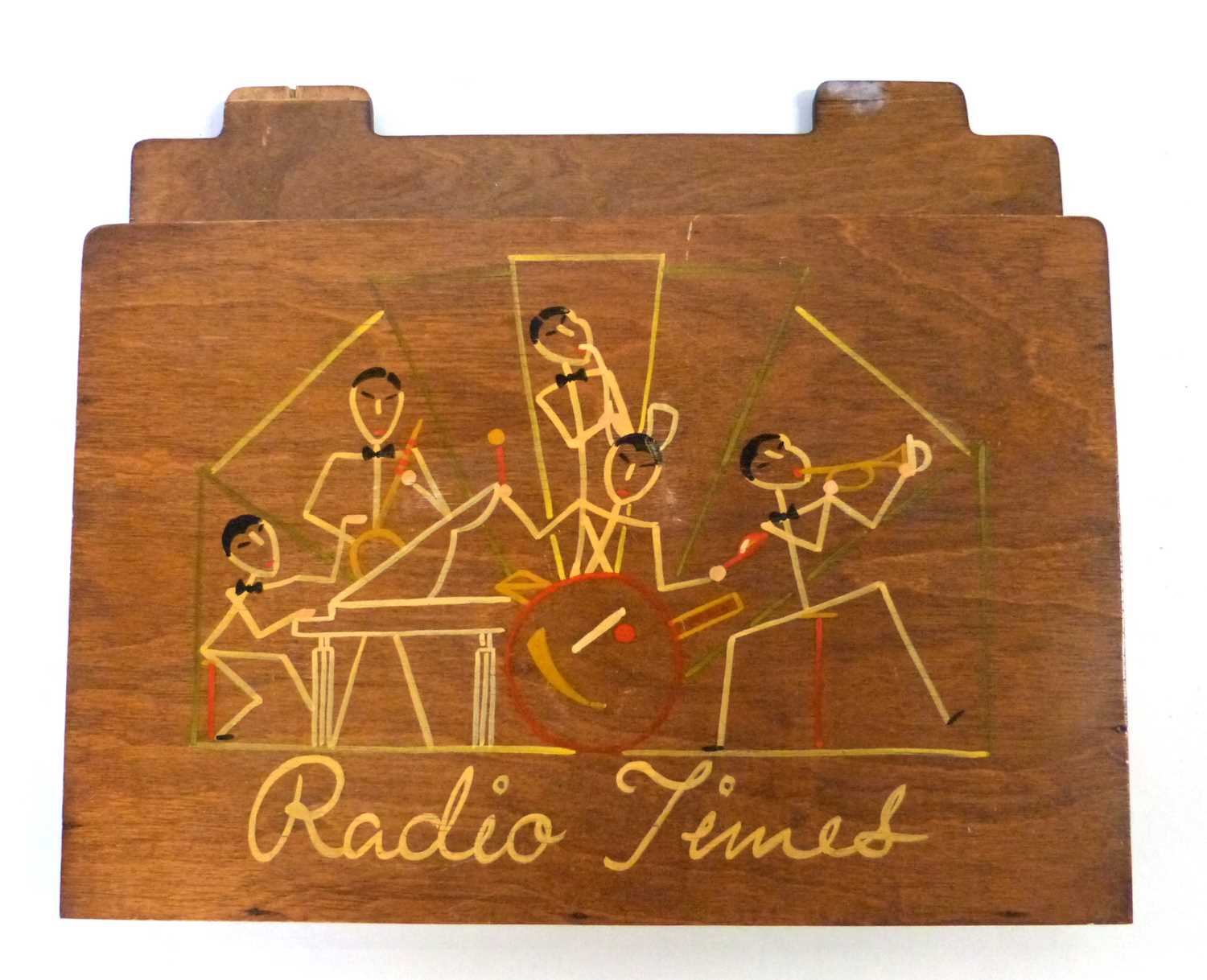 A 1930's Art Deco Wesco Woodcrafts "Radio Times" plywood magazine rack, with handpainted stylised