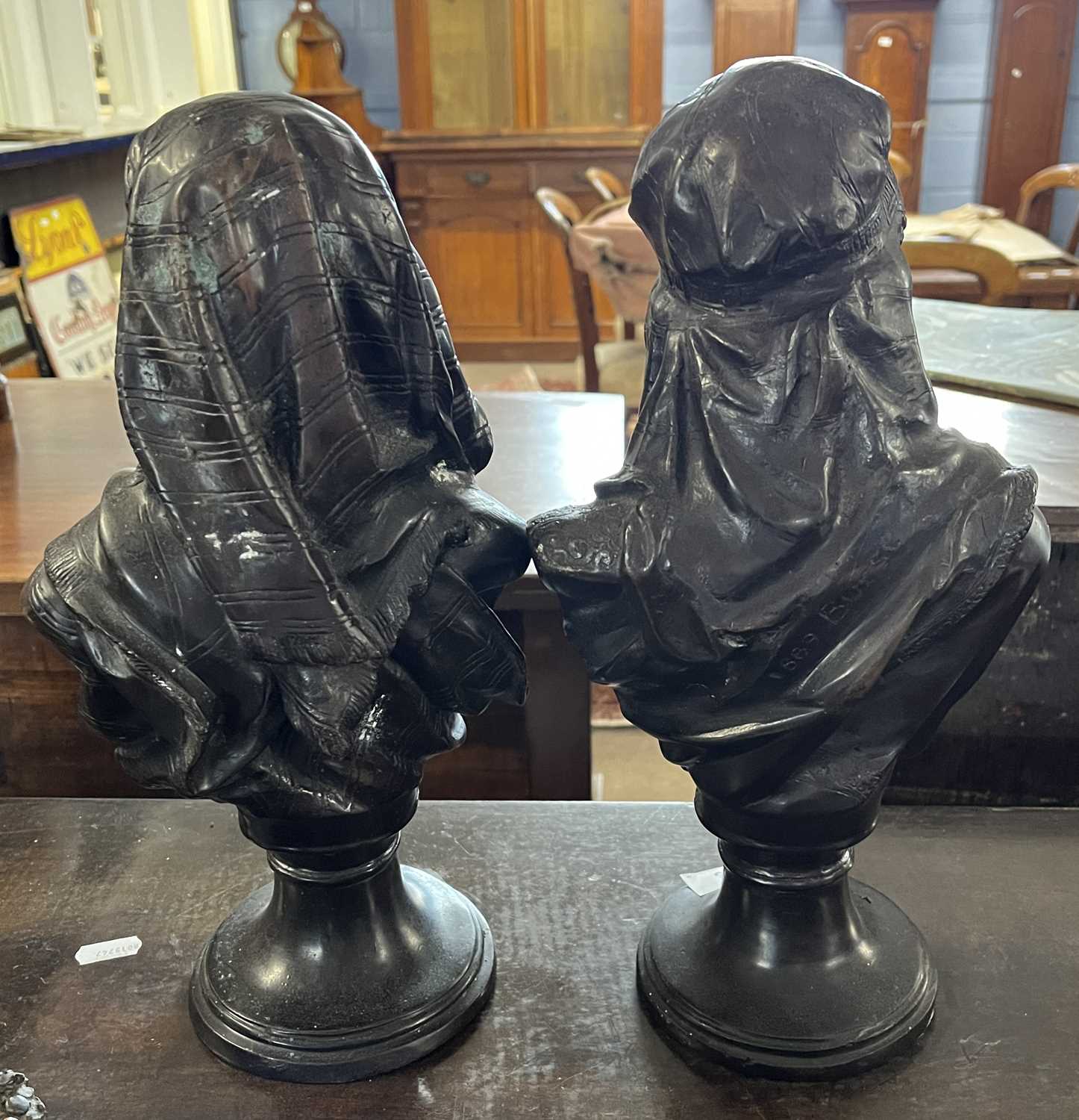 After Buese a pair of small bronzed metal busts of a Middle Eastern lady and gent, the gent signed - Image 4 of 4