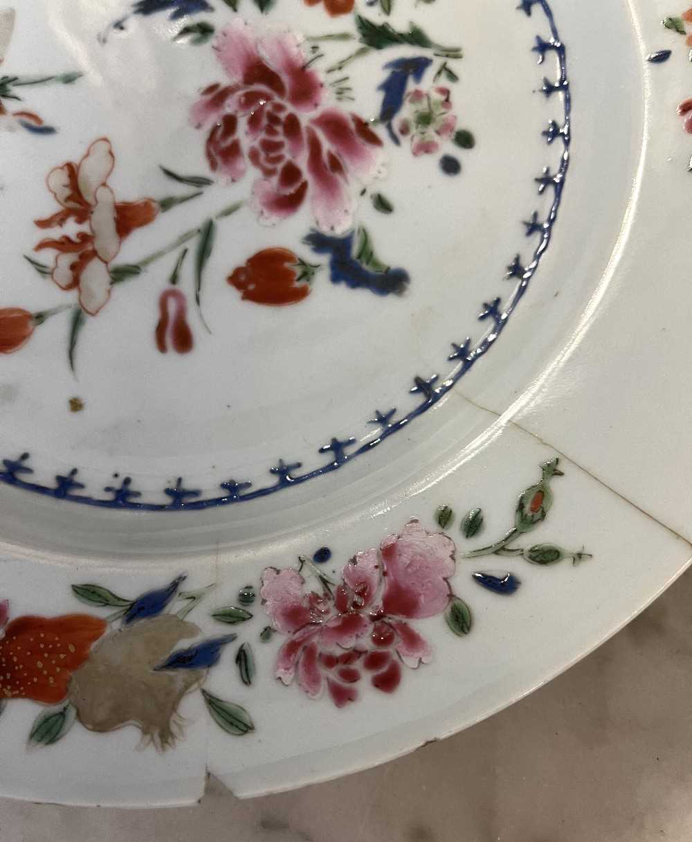 Two 18th Century Chinese porcelain famille rose plates, 23cm diameter, (one with crack and chip) - Image 4 of 10