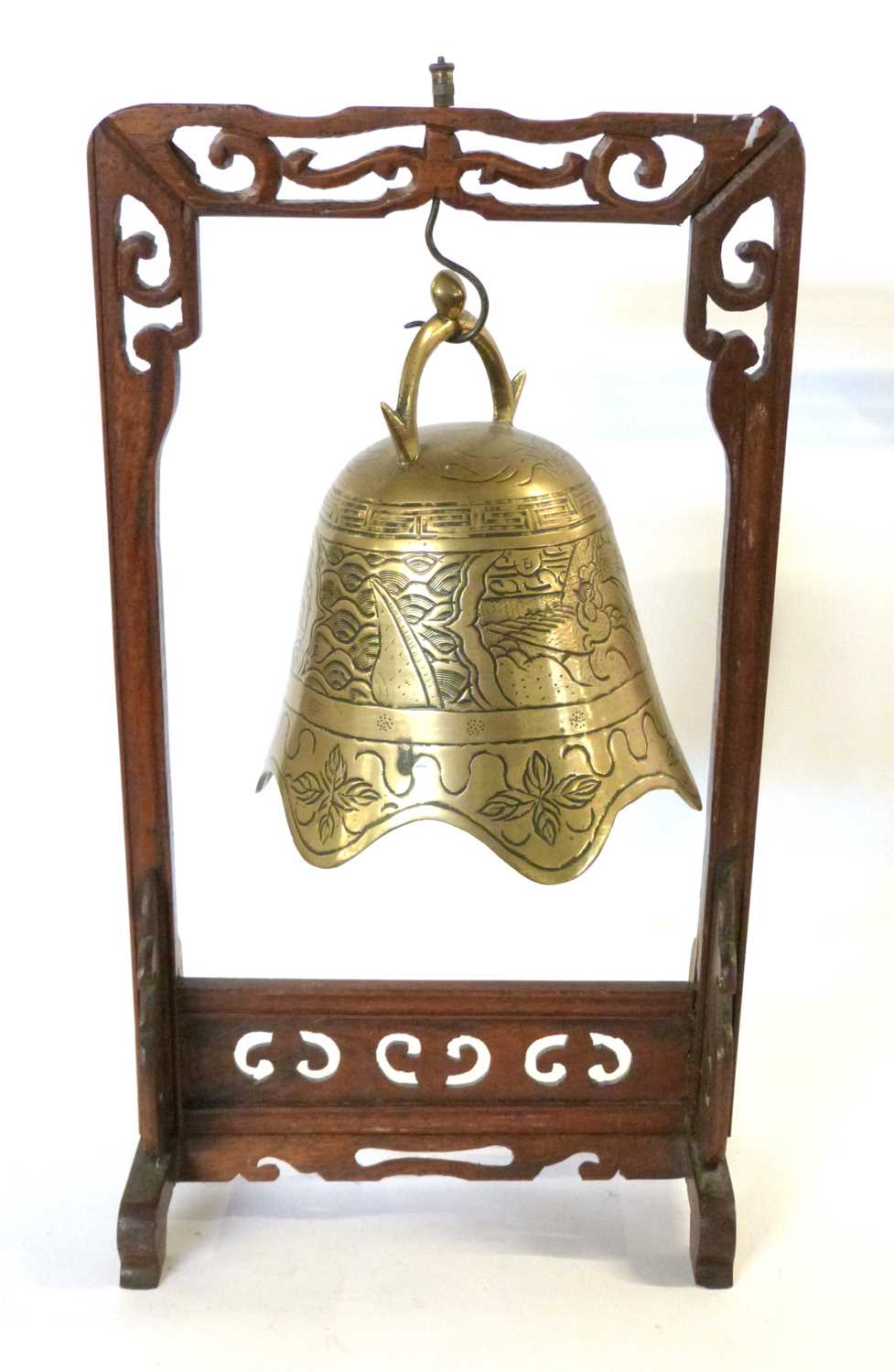 A Chinese Tibetan temple bell, engraved with dragons, with its carved hardwood stand - Image 3 of 3