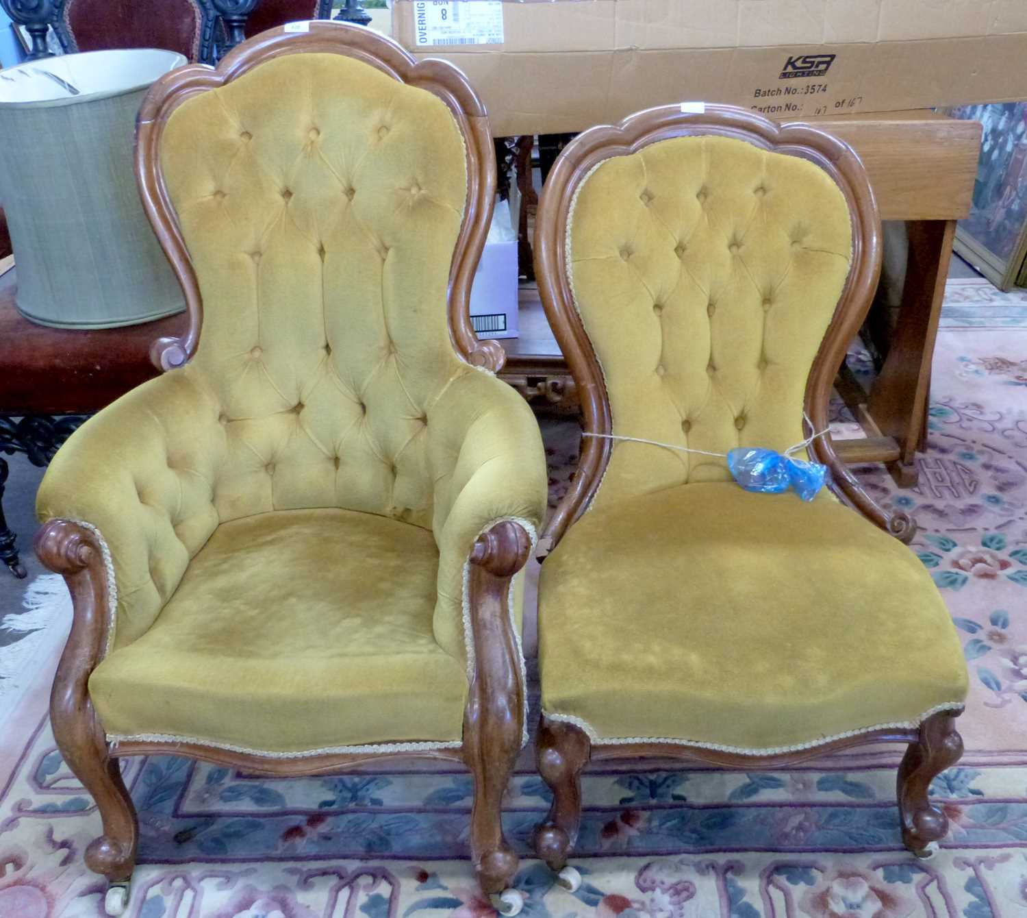 A pair of Victorian ladies and gents button upholstered chairs finished in mustard fabric with - Image 2 of 3