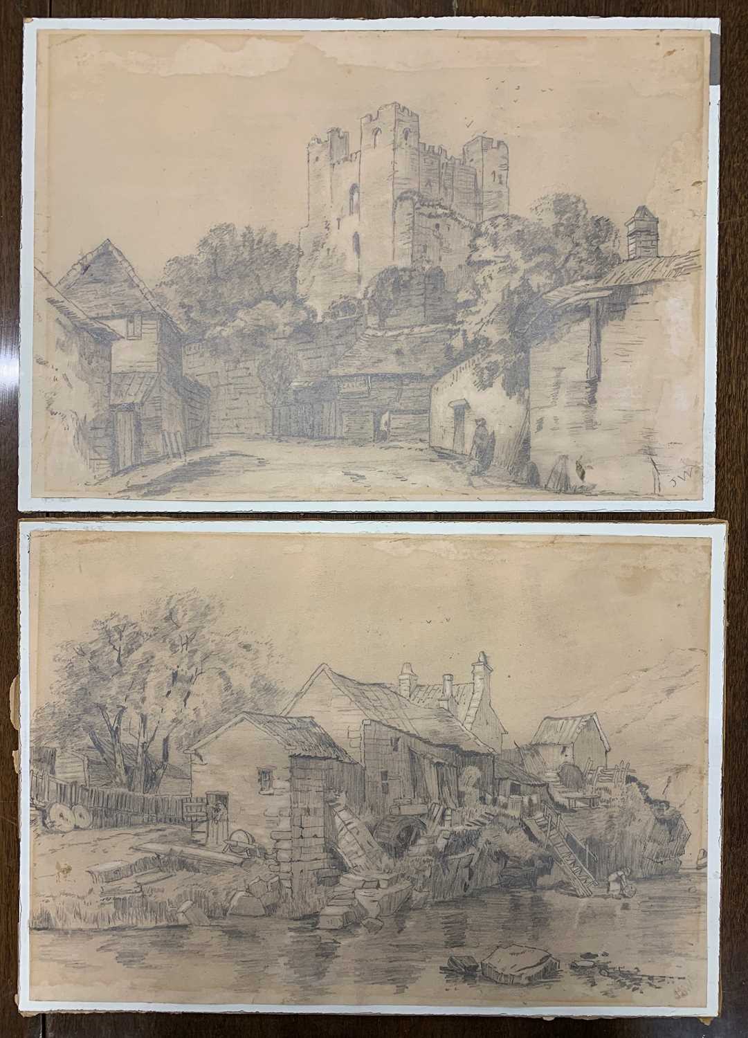 British School, 19th century, A pair of pencil on laid paper studies of a view across a river to a