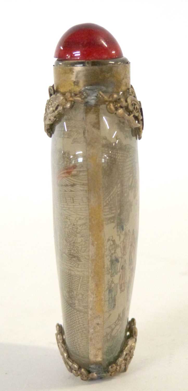 Antique Chinese reverse-painted snuff bottle with hardstone stopper and decorated with intricate - Image 2 of 8