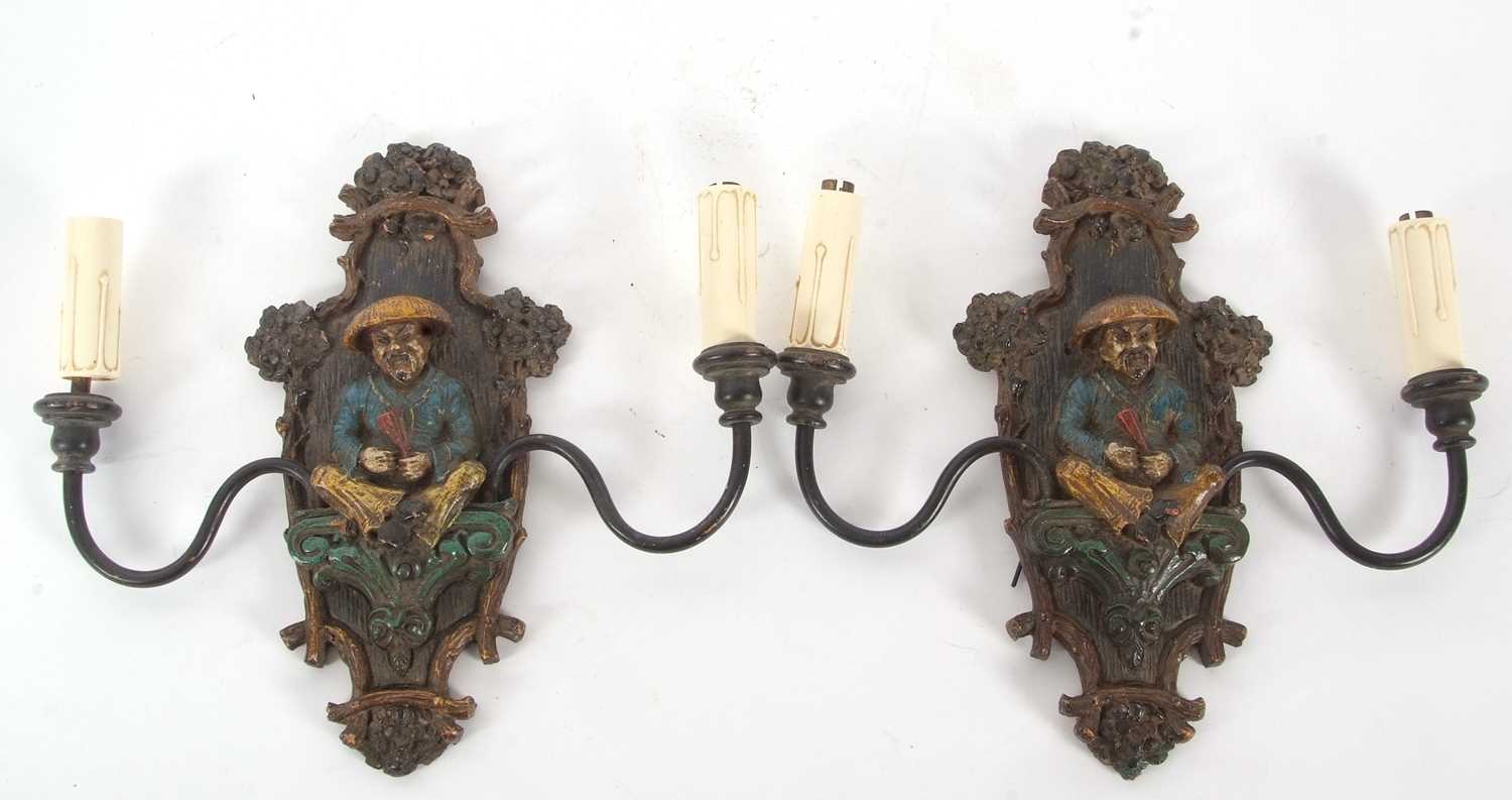 A pair of early 20th Century wall lights with central polychrome panel decorated with a Chinese - Image 6 of 9