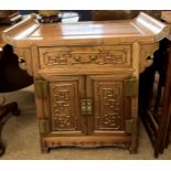Chinese hardwood cabinet with single drawer and doors with applied geometric moulding, 75cm wide