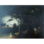 Continental School, 20th century, Moolit riverbank view with two figures beside a campfire, oil on