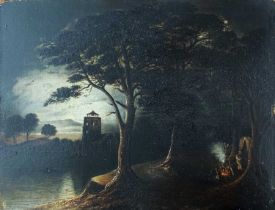 Continental School, 20th century, Moolit riverbank view with two figures beside a campfire, oil on