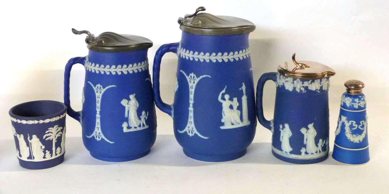 Group of late 19th Century Wedgwood blue jasper jugs of graduated size together with a small vase - Image 2 of 3