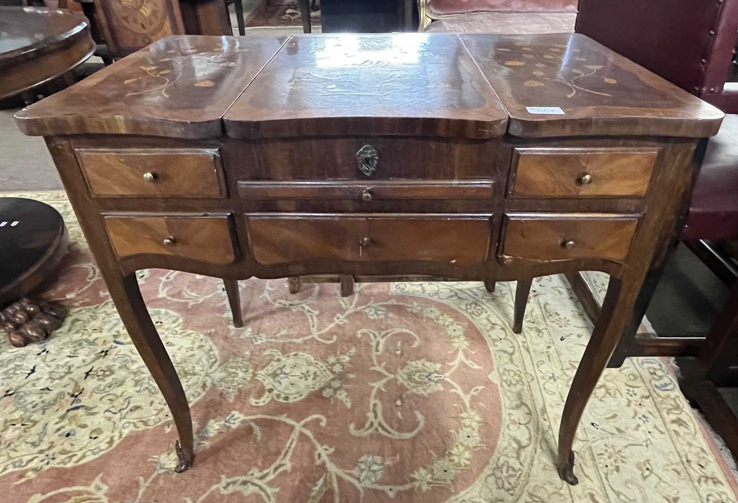 A late 19th Dutchdressing table, the metamorphic top with floral inlay a lift up central mirror - Image 4 of 5