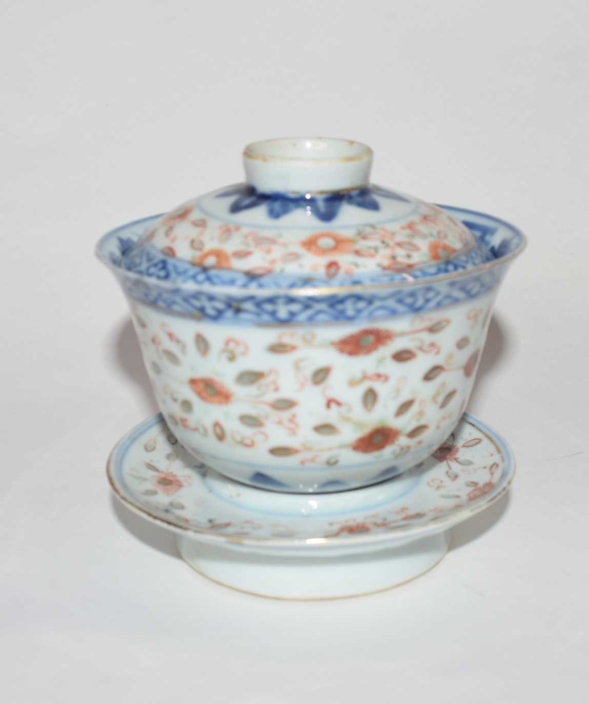 A Chinese rice bowl cover and stand, 19th Century, with polychrome design, four character mark to - Image 4 of 5