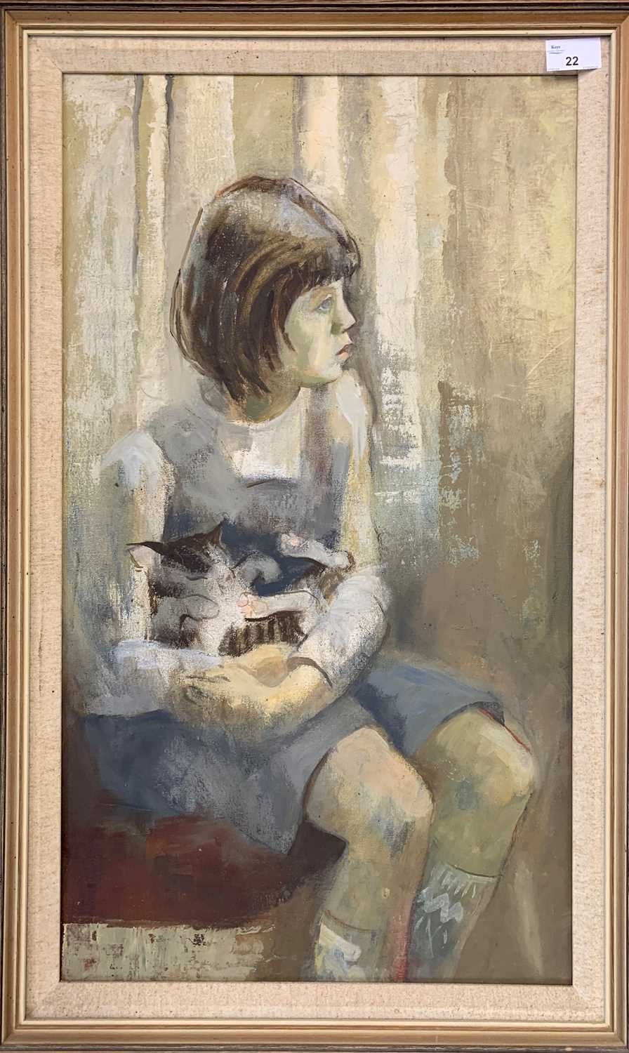 Attributed to Dorothy Morton (British, 1905-1999), Young girl cradles a cat, oil on canvas, 36.5cm x