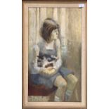 Attributed to Dorothy Morton (British, 1905-1999), Young girl cradles a cat, oil on canvas, 36.5cm x