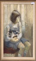 Attributed to Dorothy Morton (British, 1905-1999), Young girl cradles a cat, oil on canvas, 36.5cm x