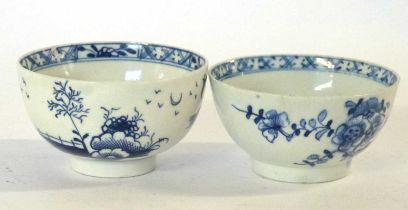 Two 18th Century Lowestoft porcelain tea bowls, both with painted root pattern and chinoiserie