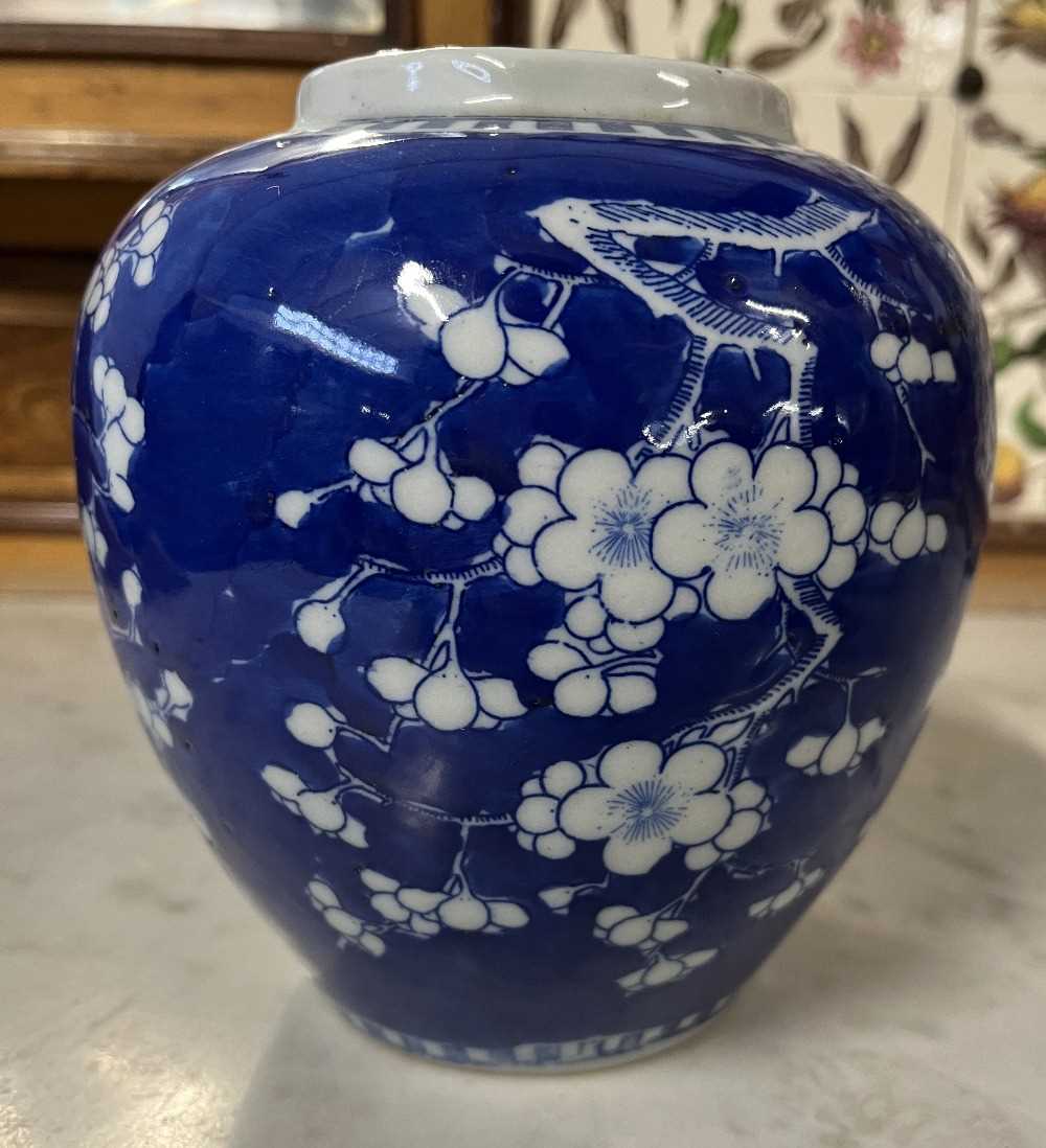 Chinese porcelain ginger jar 19th Century decorated with prunus on a blue ground - Image 10 of 14