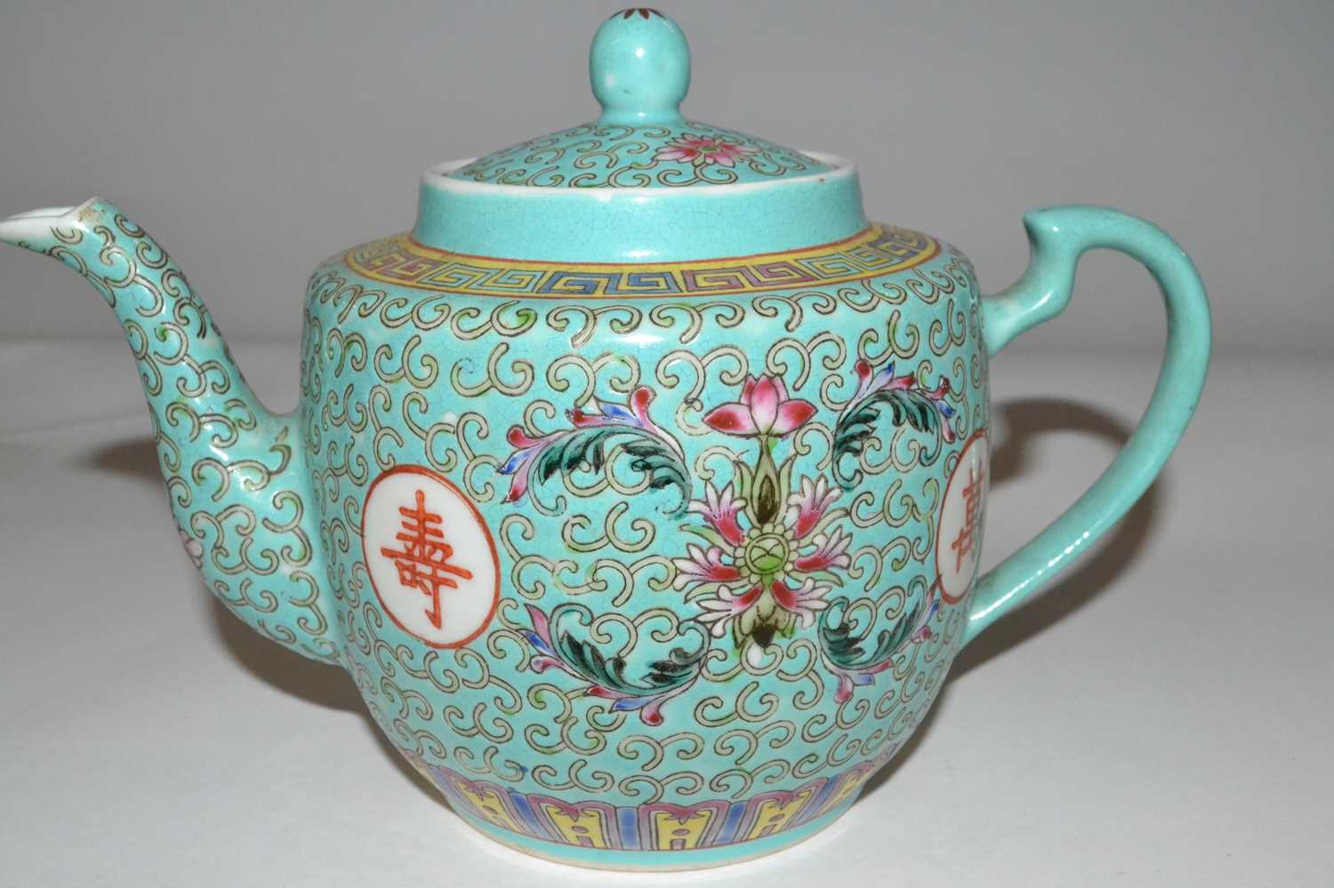 A Chinese porcelain teapot, late 19th Century, the turquoise ground with polychrome design of - Image 2 of 3