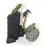 Three animal studies in bronzed resin by Oswaldo Merchor of a lizard on a rock, further lizard and a
