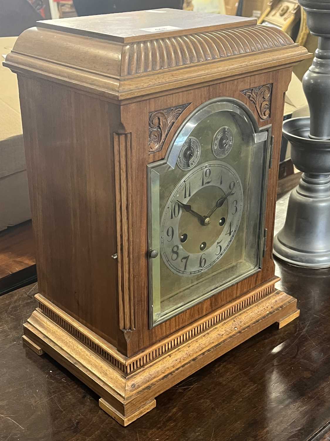 Early 20th Century mantel clock by Jung Hans with arched brass and silver dial, three train brass - Image 2 of 3