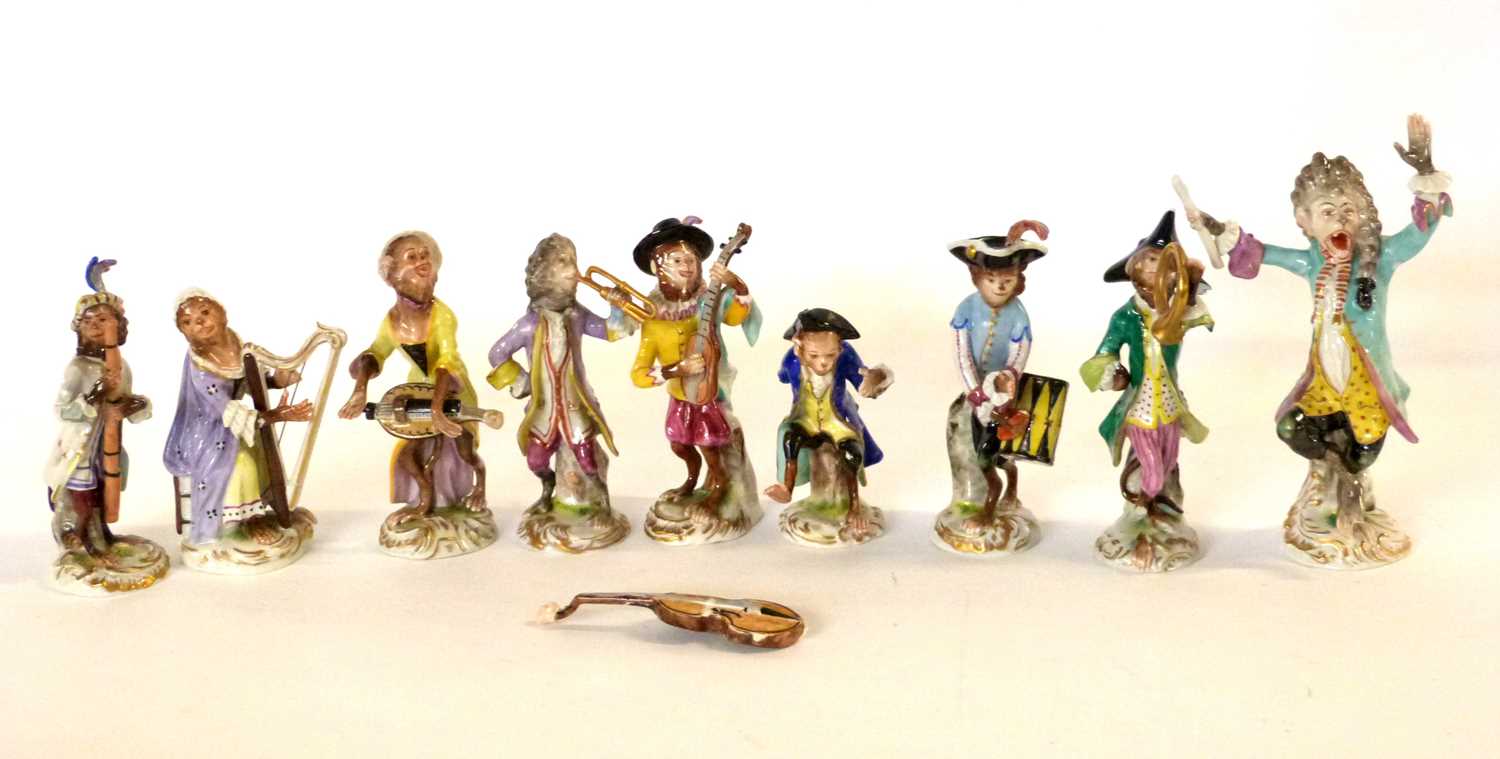 Collection of continental porcelain monkey band figures after Meissen including a conductor and