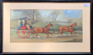 Thomas Walsh (British, 20th century), Horse and coach party, gouache, signed, 22x49cm, framed and