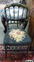 A Victorian ebonised and gilt painted side chair with spindle turned back and tapestry seat, 87cm