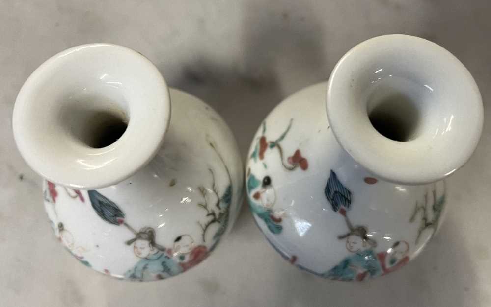 Two 19th Century Chinese porcelain vases of small baluster form decorated with Chinese figures, - Image 6 of 8