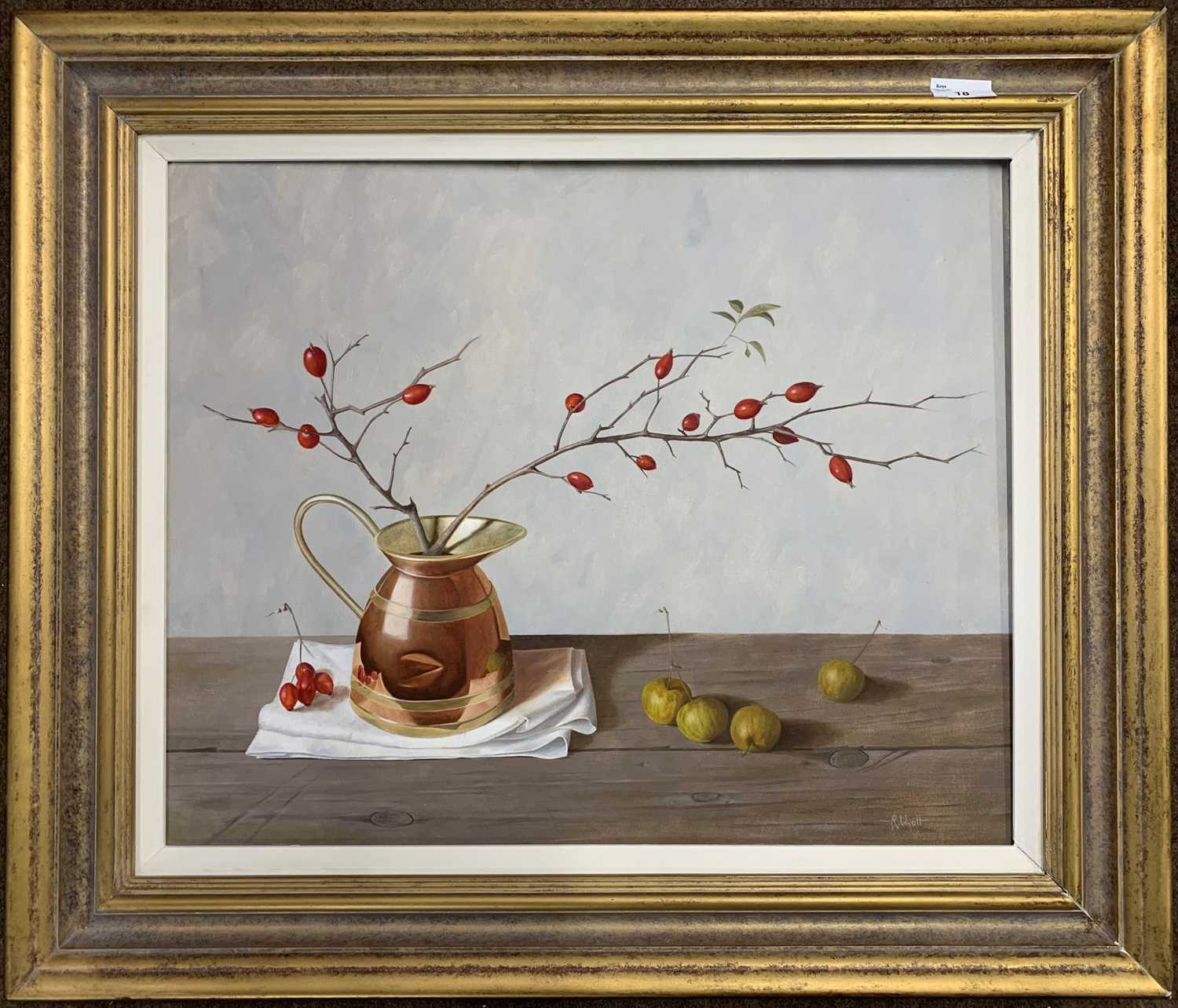 R. Wyatt (British, b.1945), Still life, oil on board, signed, 43.5x54cm, framed