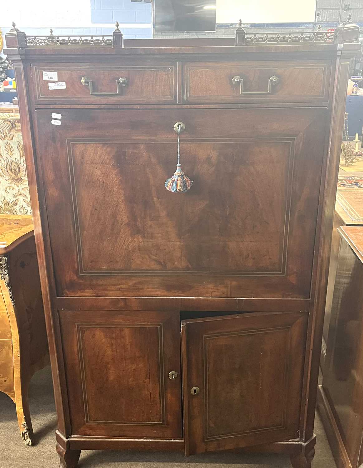 Early 19th Century French mahogany and brass inlaid secretaire cabinet with two drawers over a - Image 2 of 6