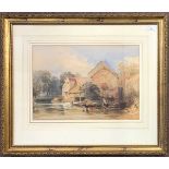 British School (19th century), Drover with cattle watering by an old mill, watercolour, unsigned,