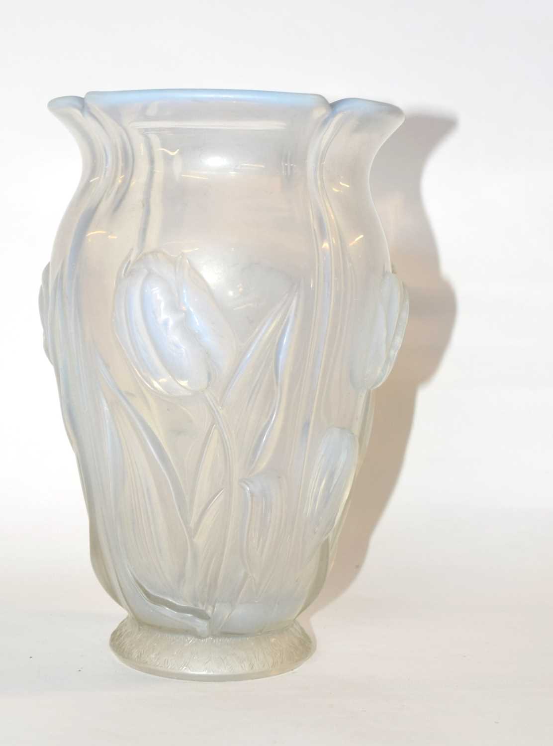 An opalescent glass vase decorated with tulips, signed to the base Barolac, 25cm high - Image 2 of 3