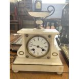 Small alabaster cased mantel clock, the case with urn mount, approx 25cm high