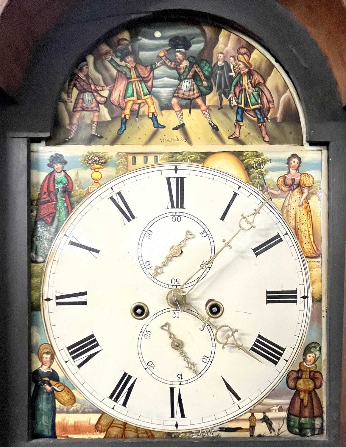 19th Century long case clock with painted arch dial (unsigned) and a eight day movement, set in a