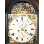 19th Century long case clock with painted arch dial (unsigned) and a eight day movement, set in a