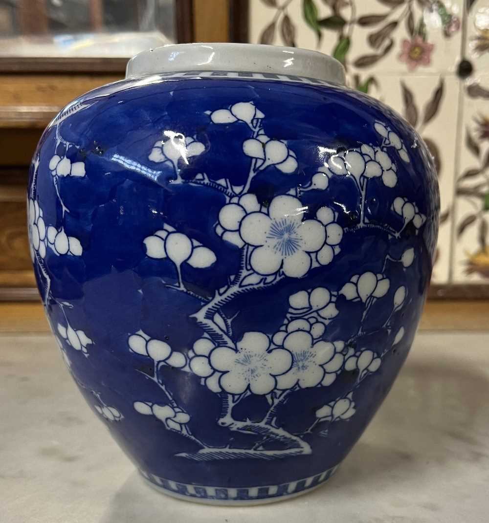 Chinese porcelain ginger jar 19th Century decorated with prunus on a blue ground - Image 13 of 14