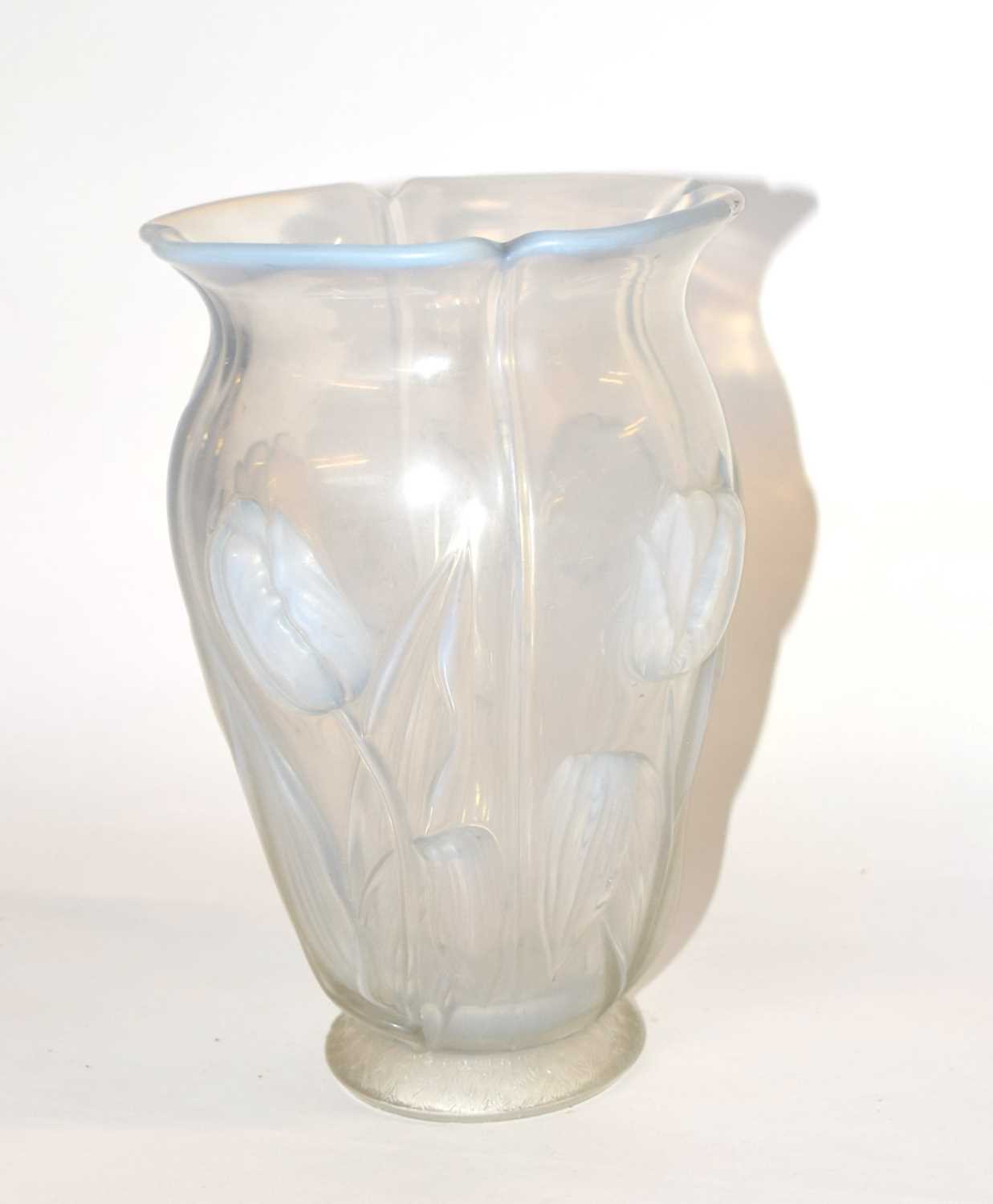 An opalescent glass vase decorated with tulips, signed to the base Barolac, 25cm high - Image 3 of 3