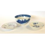 Group of two continental porcelain saucers and a Caughley fluted bowl (a/f)