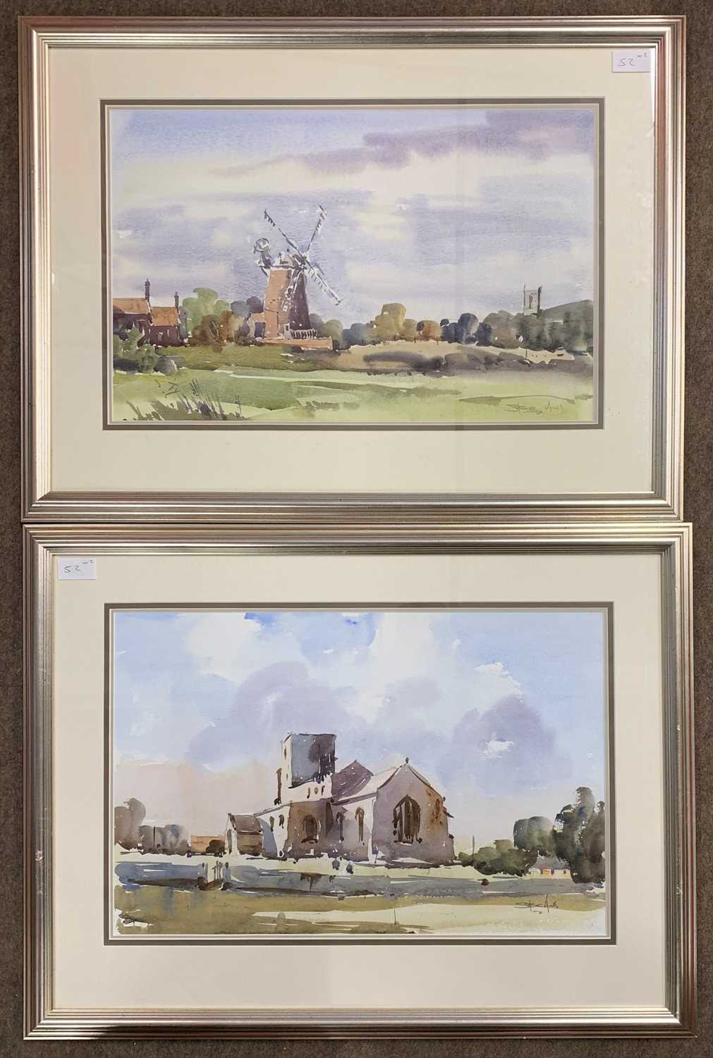 Steve Hall (British, 20th/21st century), A rural view of a windmill and distant church, plus another