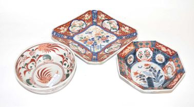 Group of Japanese porcelain including a dish with Imari designs, further bowl and one other, the